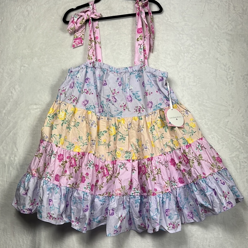 LoveShackFancy Pastel Floral Tiered Mini Dress in Lavender, Pink, Yellow - Picture 4 of 13